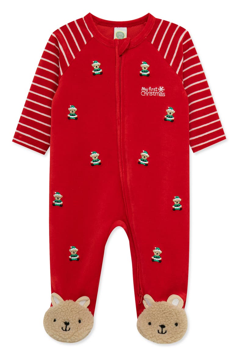My First Christmas Holiday Bear Velour Footie, Main, color, RED