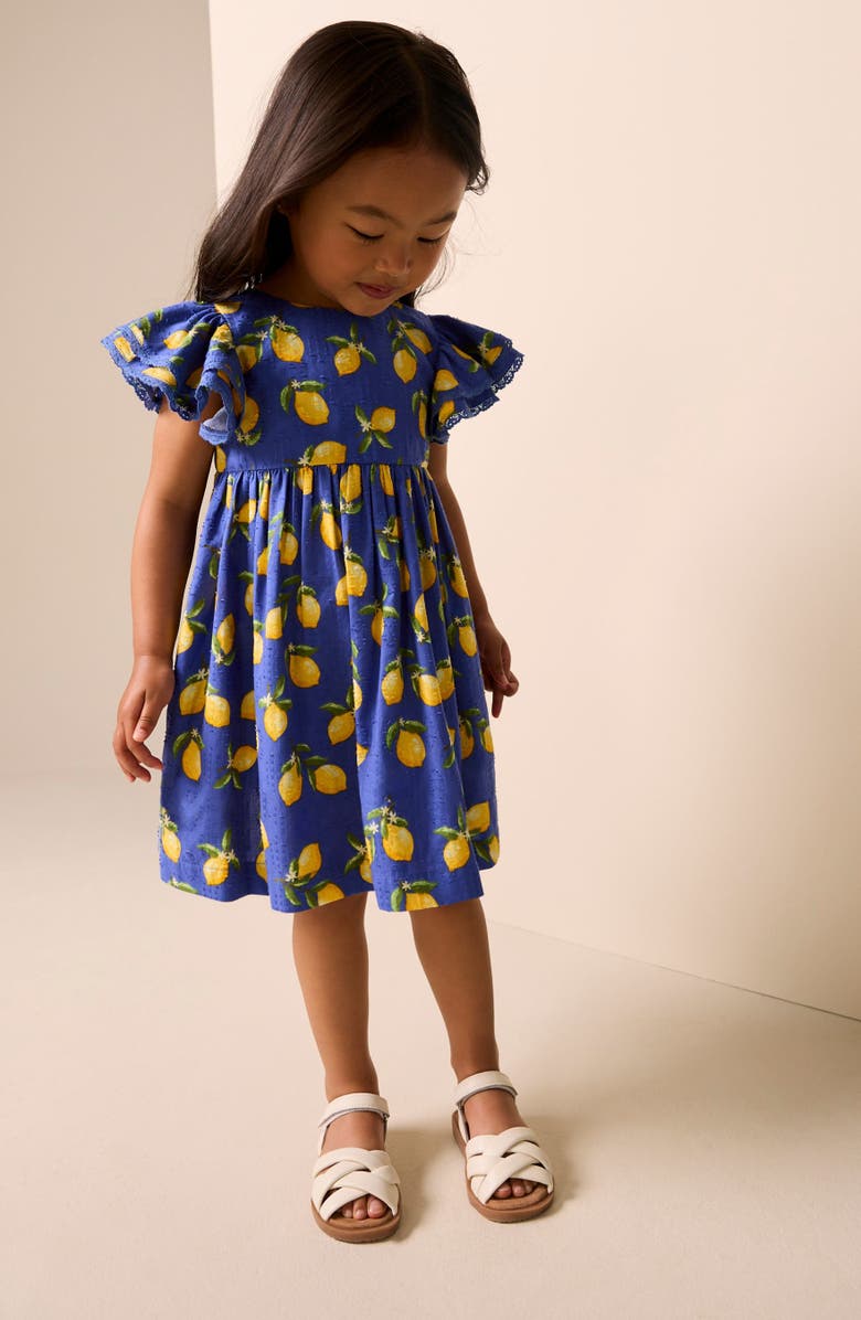 NEXT Kids' Lemon Print Angel Sleeve Cotton Jacquard Dress, Alternate, color, Blue