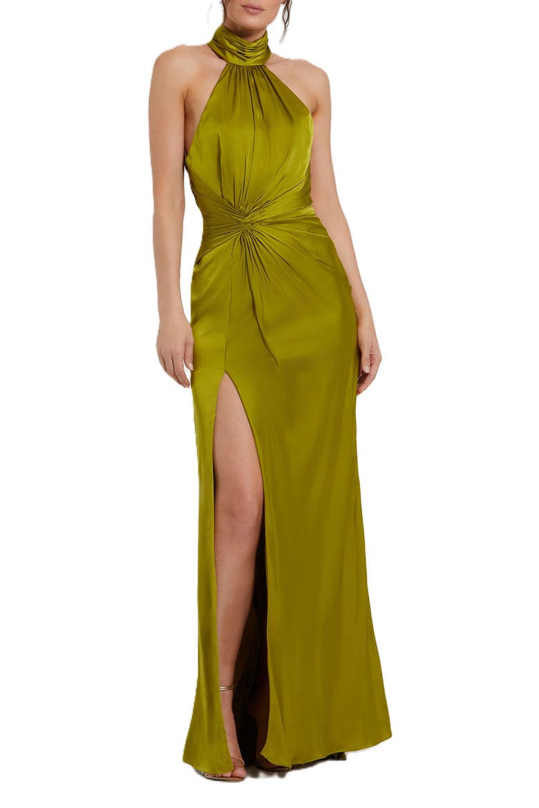 Open Back High Neck Side Ruched Gown, Main, color, Olive