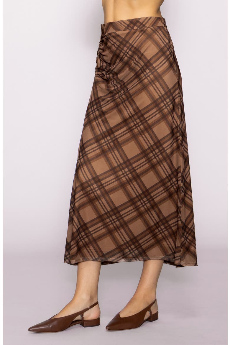 Side Ruched Plaid Mesh Skirt, Alternate, color, BROWN