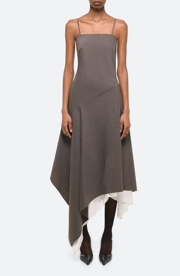 Helmut Lang Asymmetric Layered Wool Midi Dress