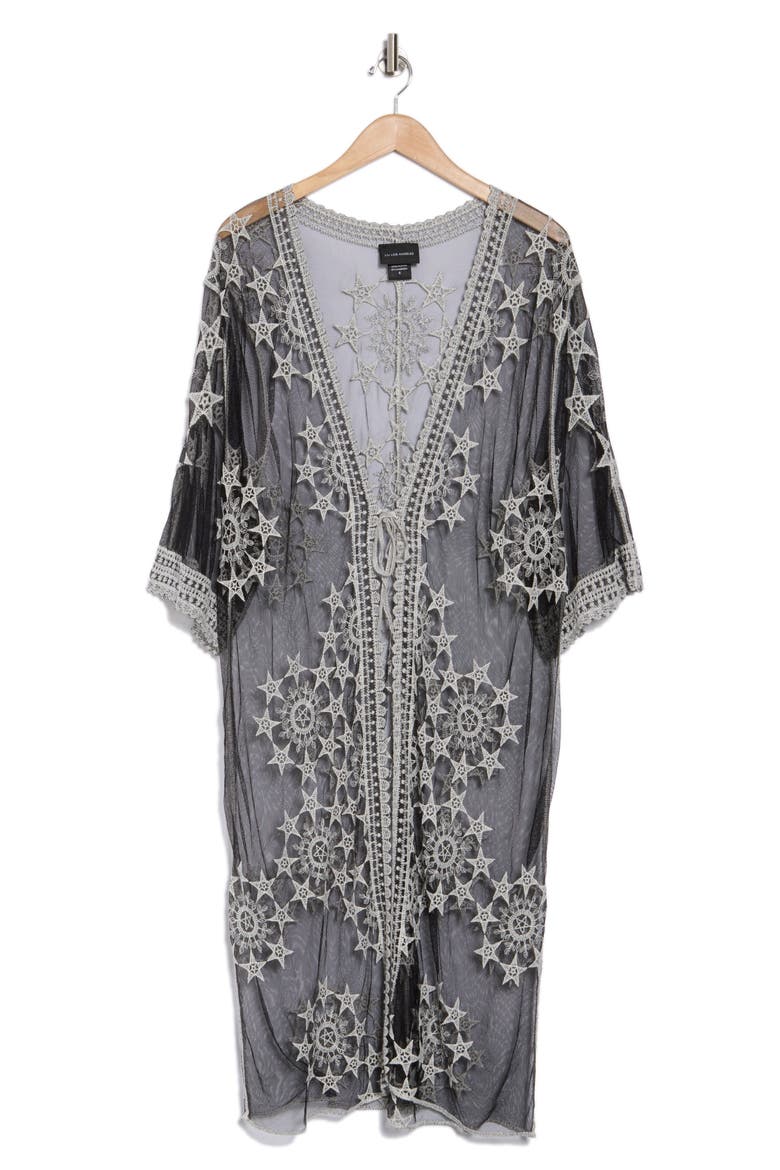 Embroidered Tie Front Duster, Alternate, color, BLACK/ WHITE