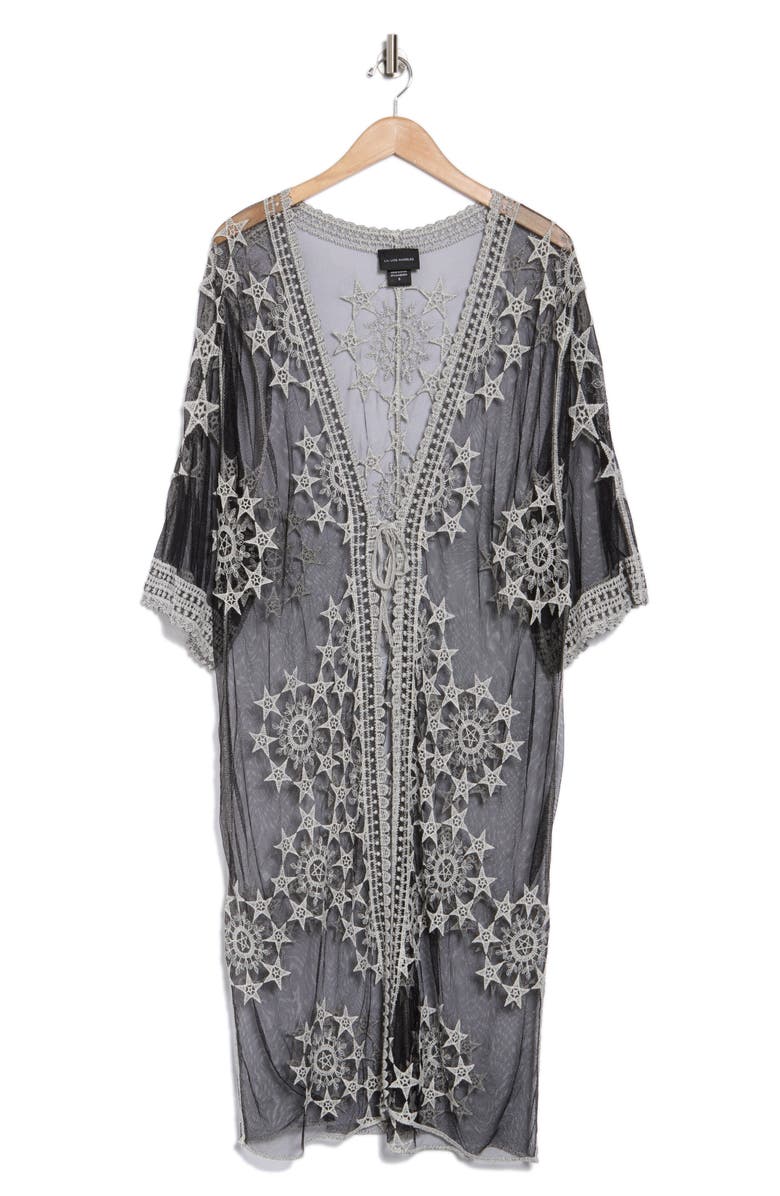 Forgotten Grace Embroidered Tie Front Duster, Alternate, color, Black/ White