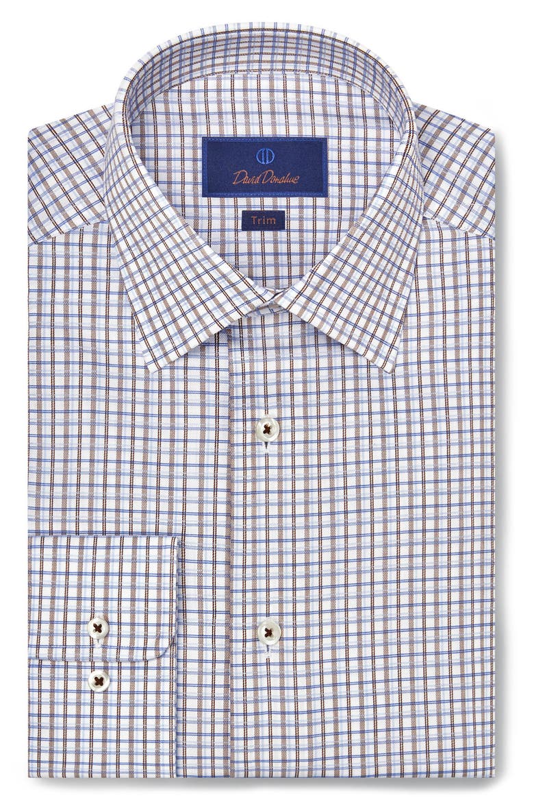 Trim Fit Broken Line Check Twill Dress Shirt, Main, color, WHITE/ CHOCOLATE
