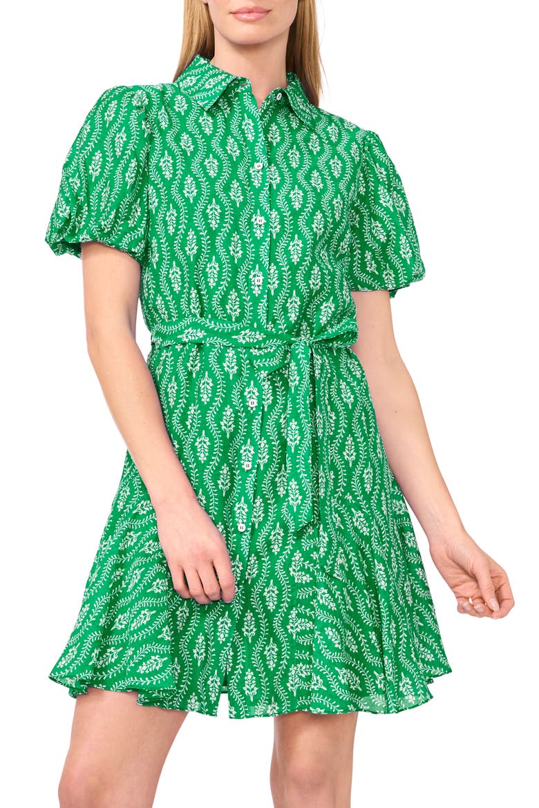 Floral Short Sleeve Mini Shirtdress, Alternate, color, KELLY GREEN