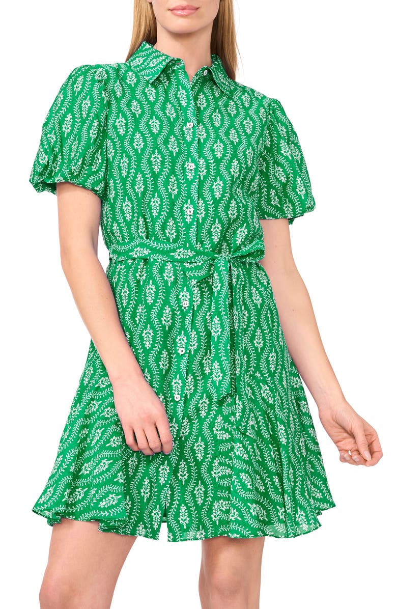 CeCe Floral Short Sleeve Mini Shirtdress, Alternate, color, Kelly Green