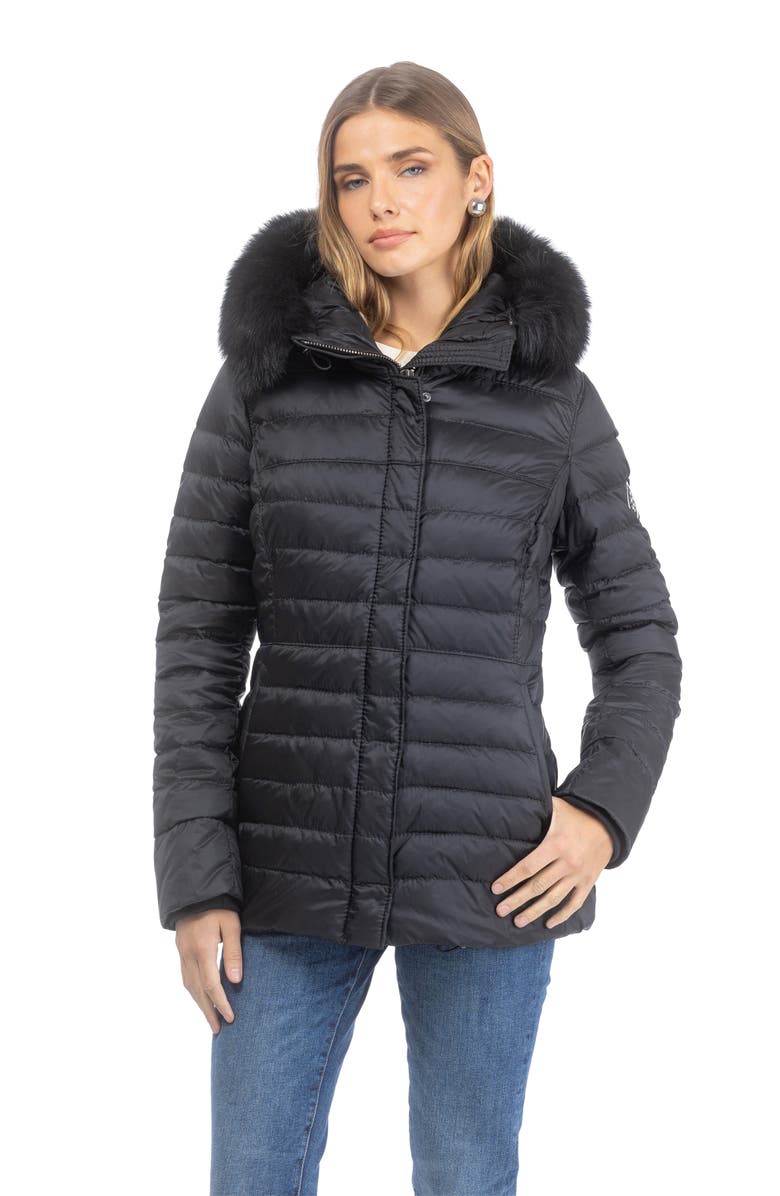 GORSKI Apres-Ski Horizontal Short Jacket With Detachable Genuine Shearling Hood Trim, Main, color, Black/Black