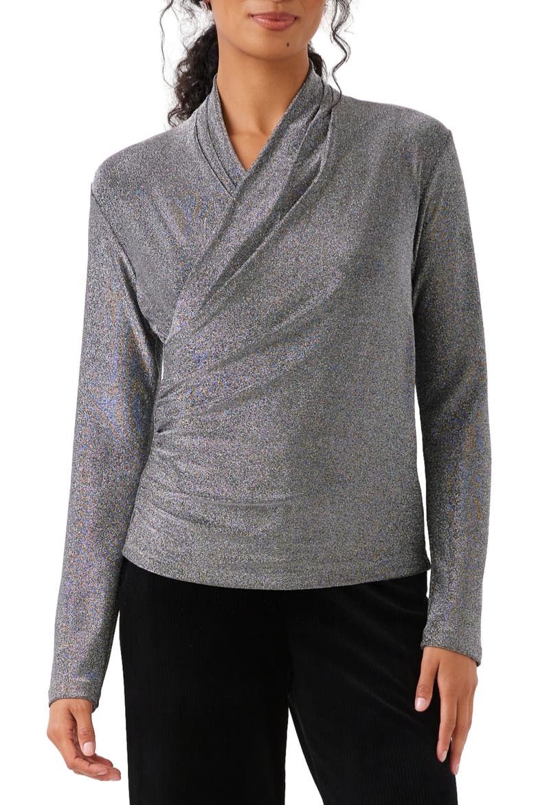 Crossover Side Shirred Metallic Knit Top, Main, color, BLACK W/SILVER