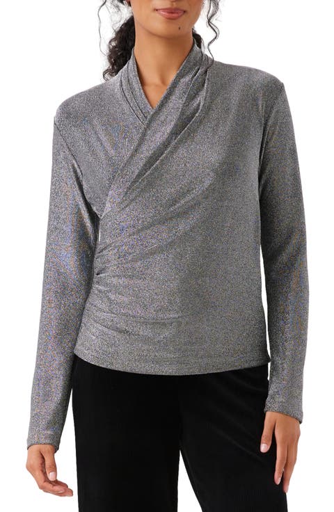 Crossover Side Shirred Metallic Knit Top