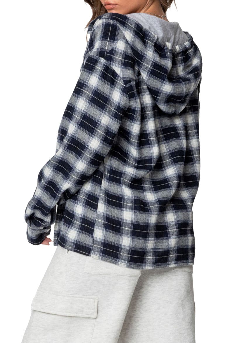 Plaid Cotton Blend Flannel Button-Up Hoodie, Alternate, color, NAVY