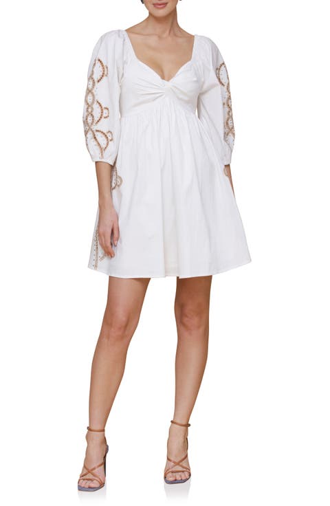 Embroidered Rhinestone Stretch Cotton Mini Sundress