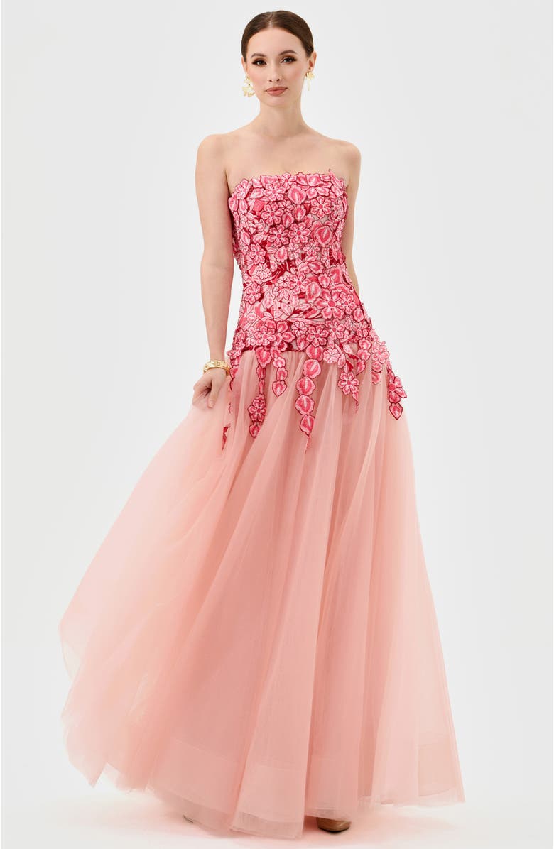 Bariano Poppi Strapless Floral Gown, Main, color, Pink