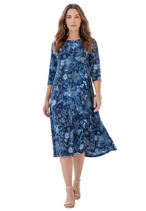 Plus Size 3/4 Sleeve Boatneck Swing Dress