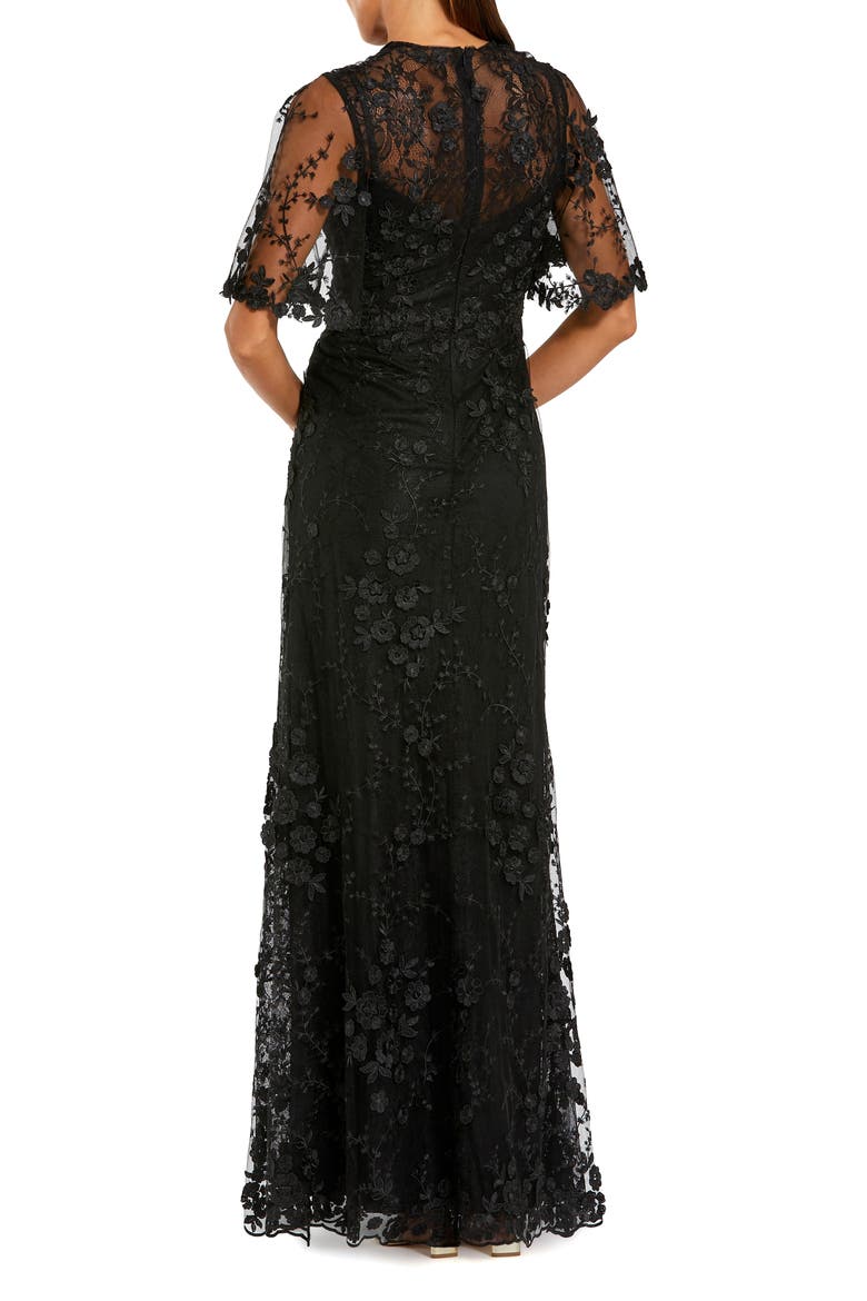 Petite Flutter Sleeve Floral Embroidered Net Gown, Alternate, color, Black
