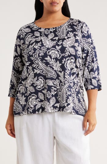 Ruby Rd. Plus Size Jacobean Paisley Puff Print Top In Blue