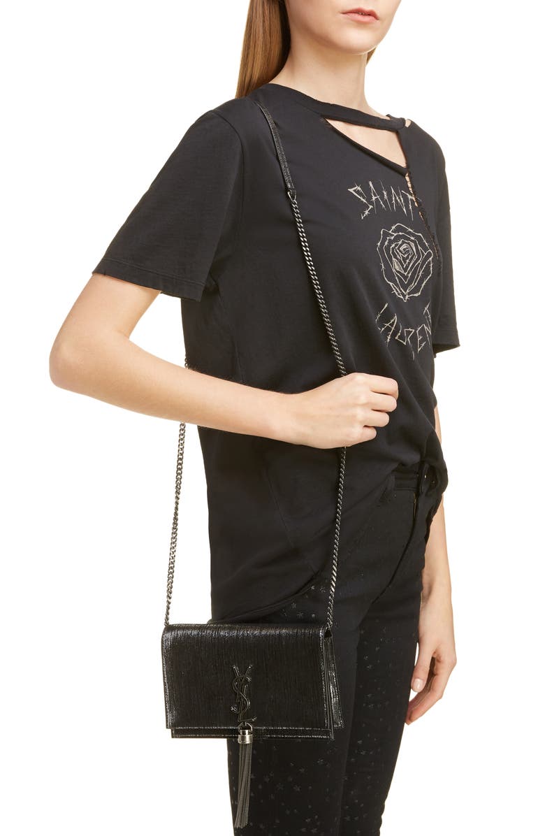 Saint Laurent Kate Lamé Calfskin Leather Wallet on a Chain, Alternate, color, 