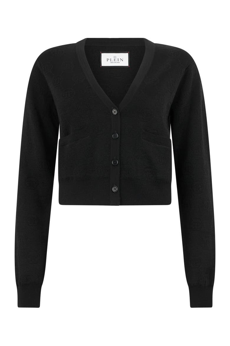 Merino Wool Cardigan Jacquard Monogram Women, Main, color, black