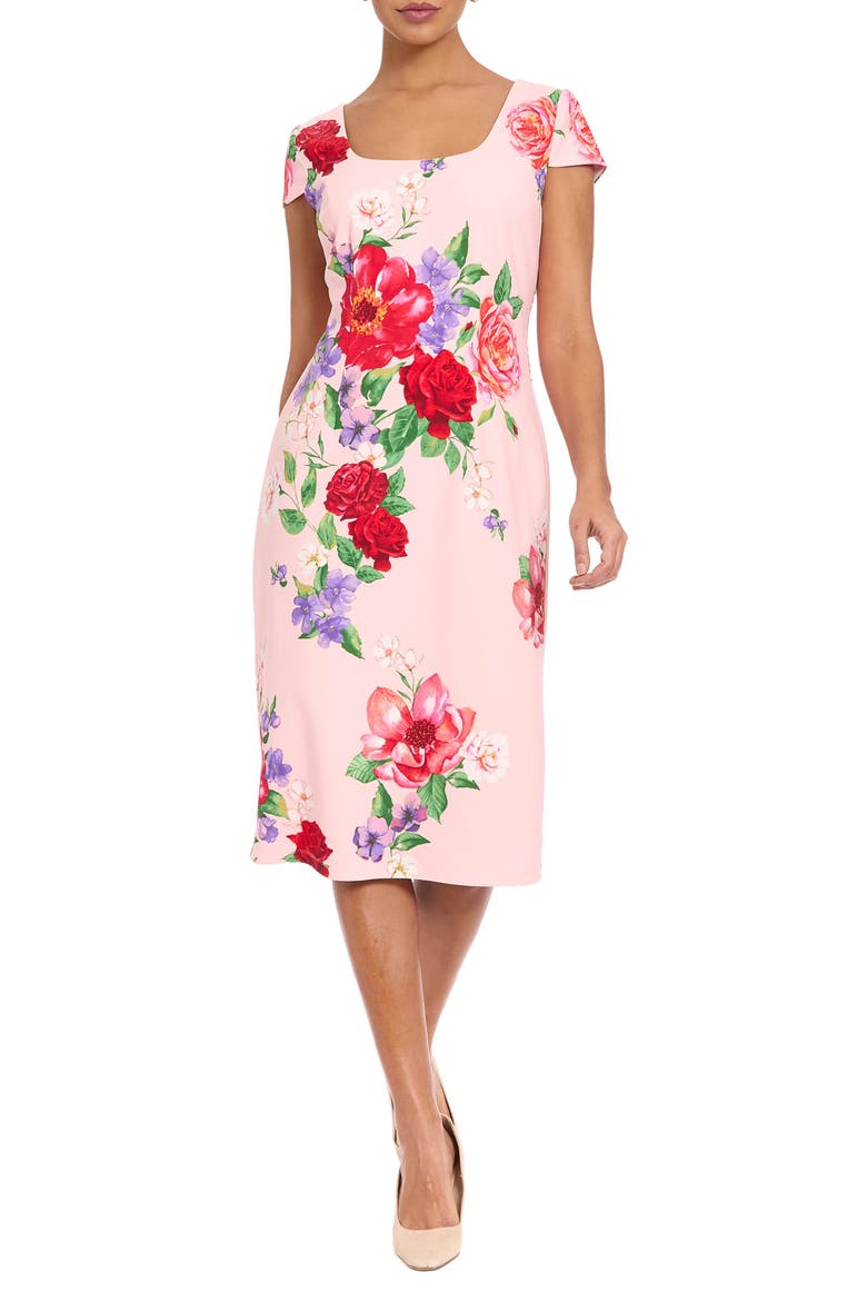 Floral Square Neck Cap Sleeve Sheath Midi Dress, Main, color, PINK/ RED