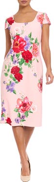 London Times Floral Square Neck Cap Sleeve Sheath Midi Dress