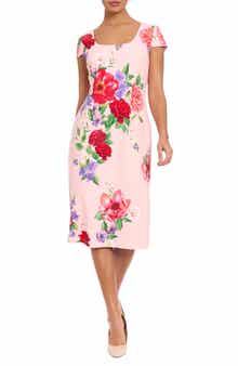 London Times Floral Square Neck Cap Sleeve Sheath Midi Dress