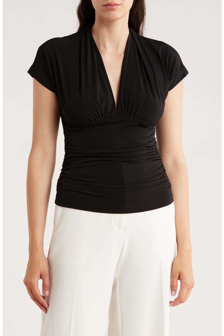 V-Neck Short Sleeve Ruched Top, Main, color, BLACK