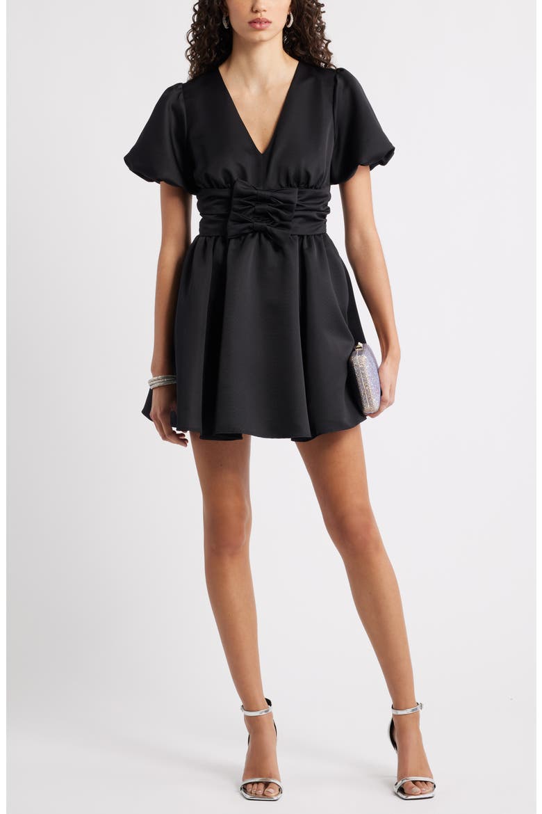 Bow Detail Puff Sleeve Minidress, Main, color, BLACK