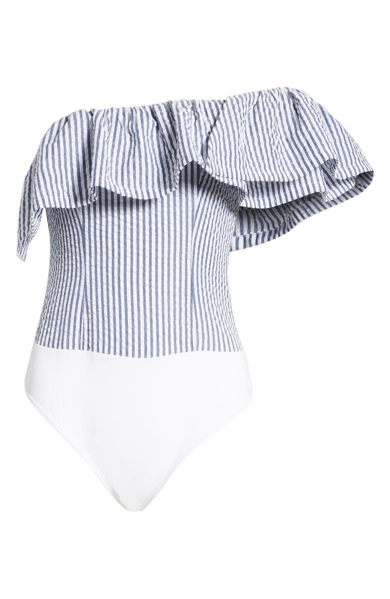 KENDALL + KYLIE One-Shoulder Seersucker Bodysuit, Alternate, color,