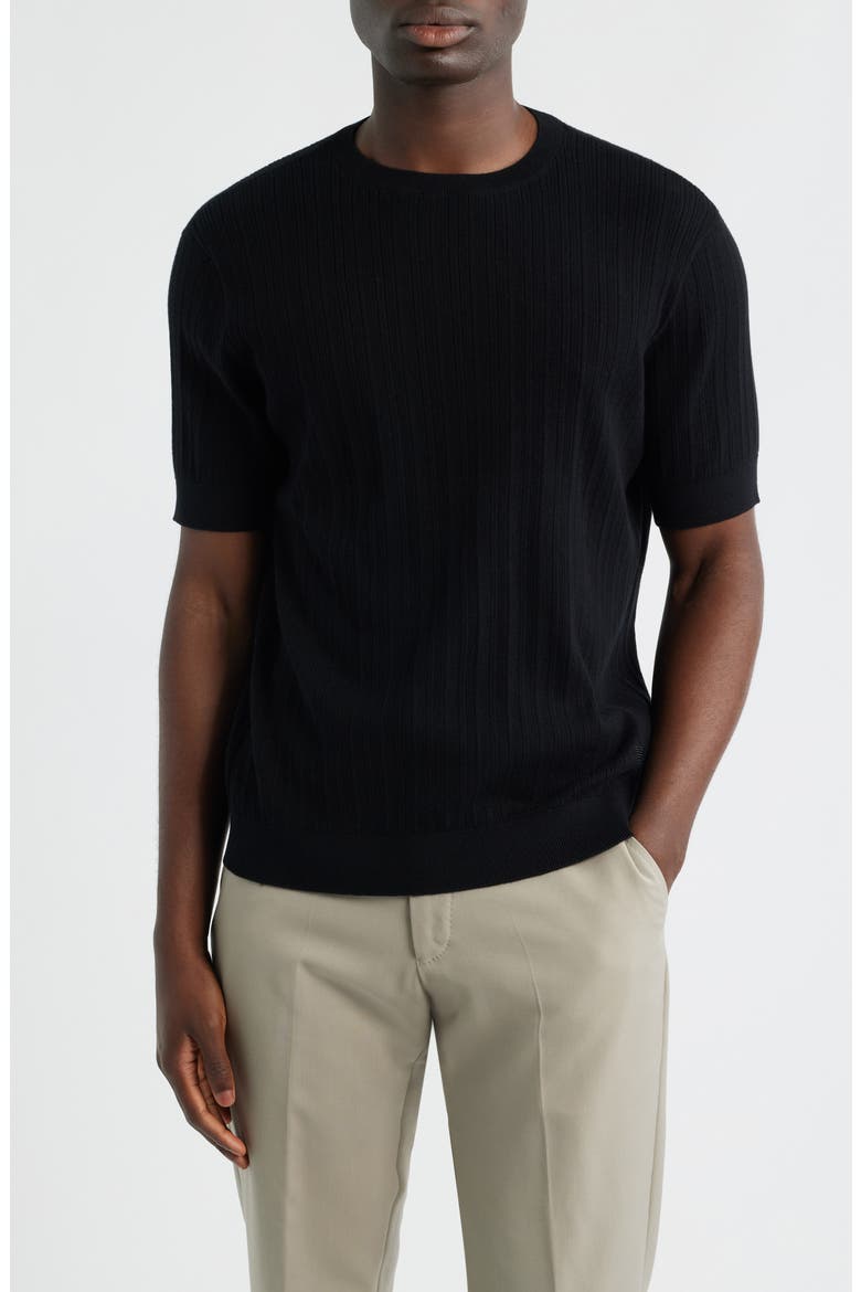 Short Sleeve Cotton & Cashmere Rib Sweater, Main, color, SOLID BLACK