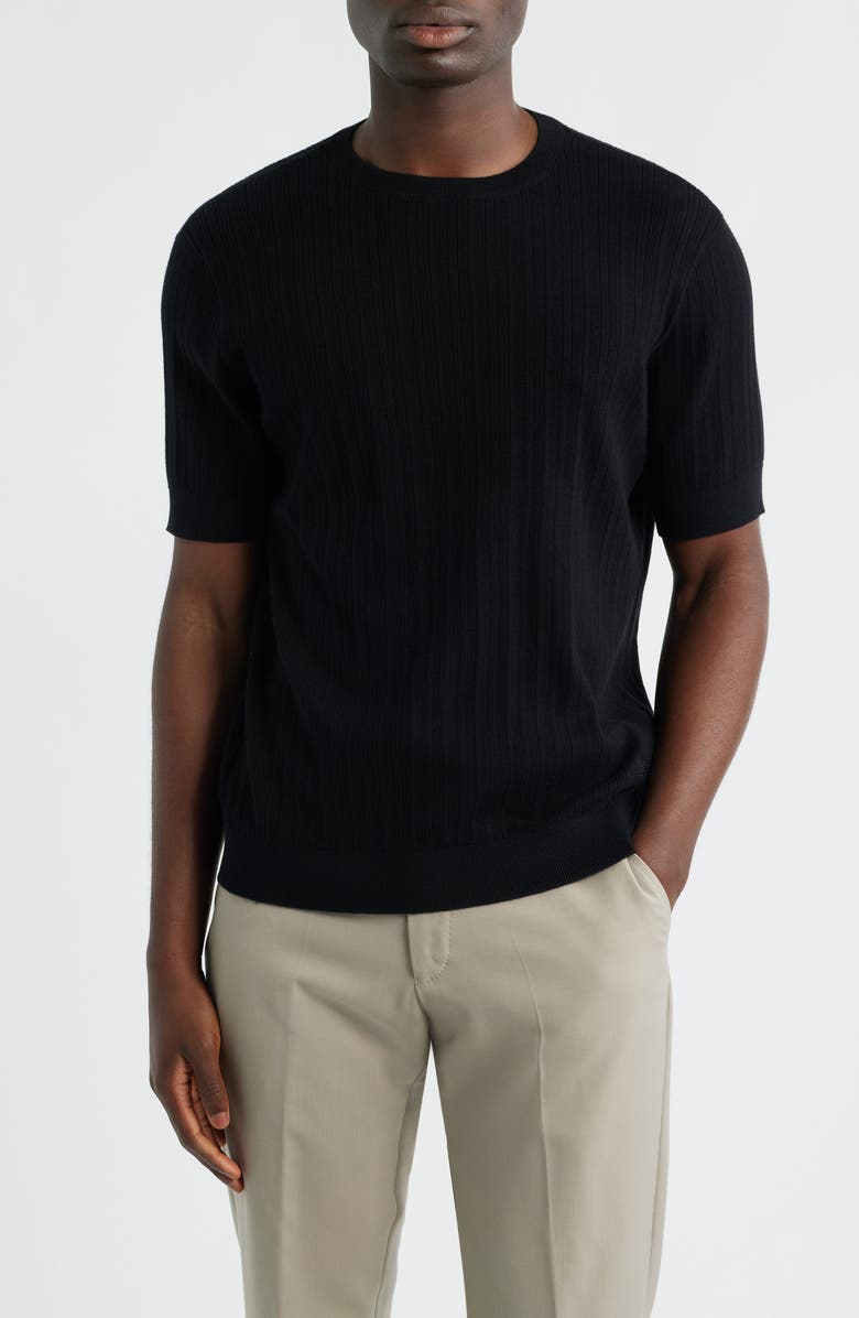 Emporio Armani Short Sleeve Cotton & Cashmere Rib Sweater, Main, color, Solid Black