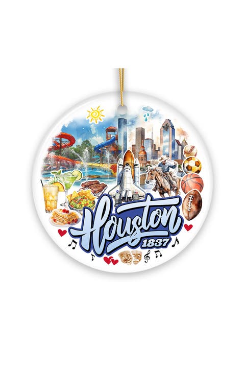 Houston 1837 Space City Skyline Round Ceramic Ornament