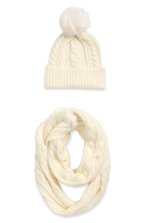 Cable Stitch Scarf & Faux Fur Pompom Beanie Set