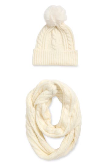Vince Camuto Cable Stitch Scarf & Faux Fur Pompom Beanie Set In White