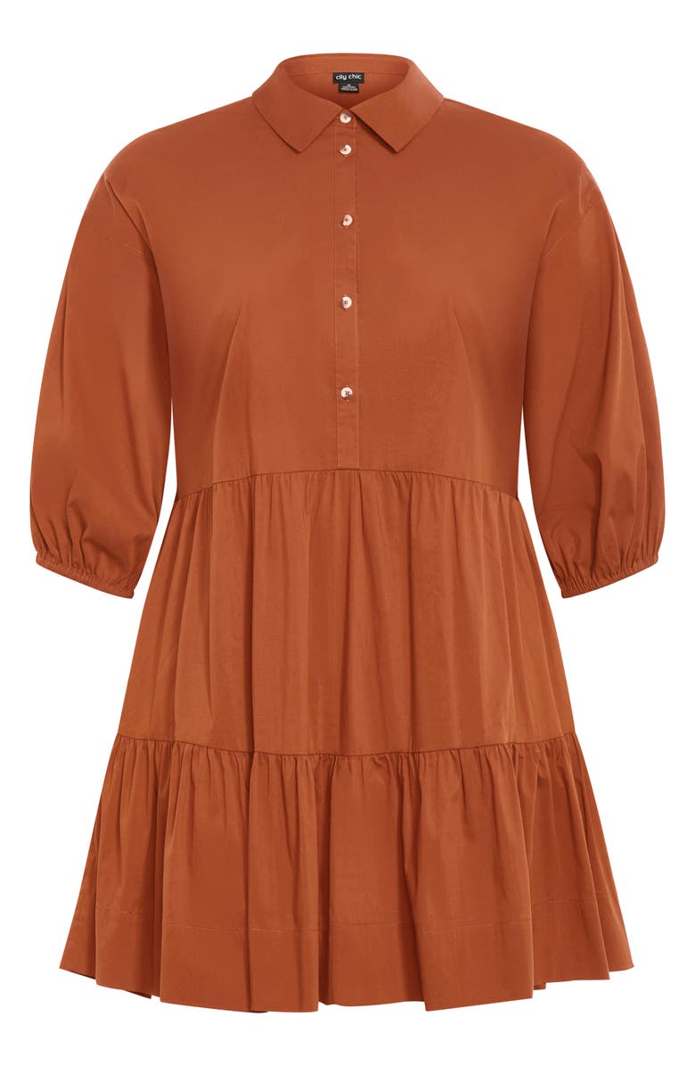 City Chic Kiara Balloon Sleeve Tiered Shirtdress, Alternate, color, Amber