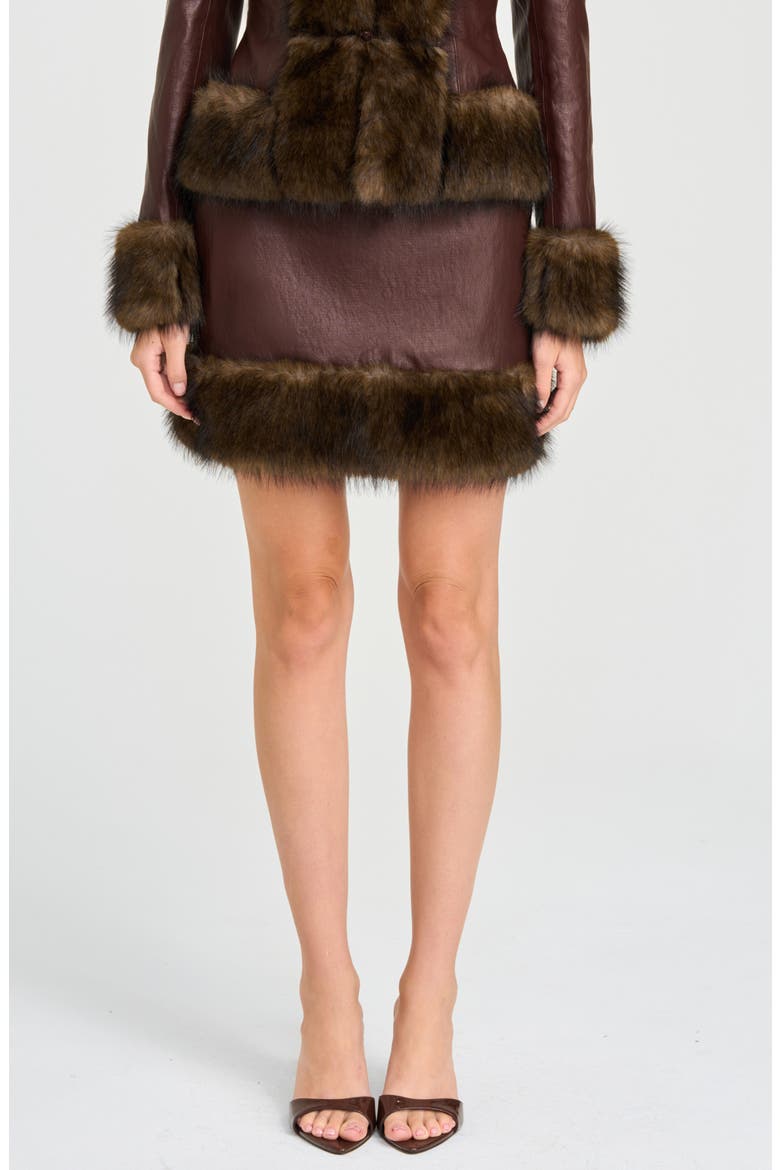 x Rose Lola Mercer Faux Fur Trim Faux Leather Miniskirt, Main, color, CHOCOLATE