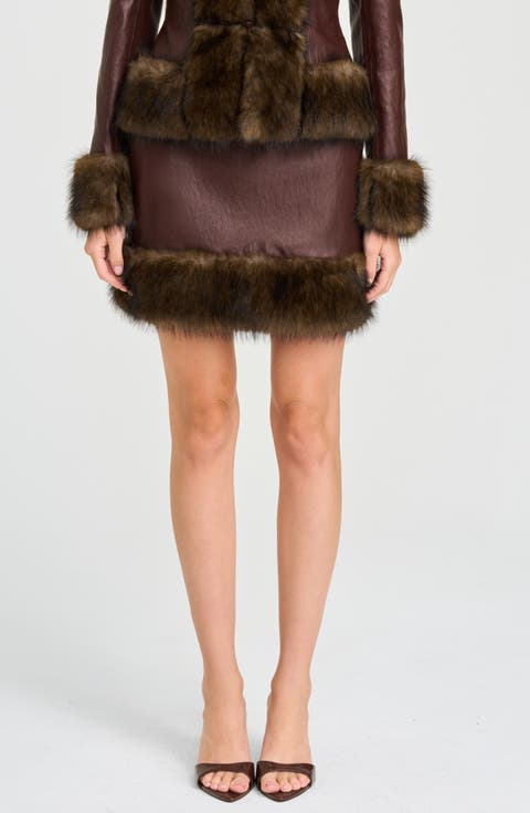 x Rose Lola Mercer Faux Fur Trim Faux Leather Miniskirt