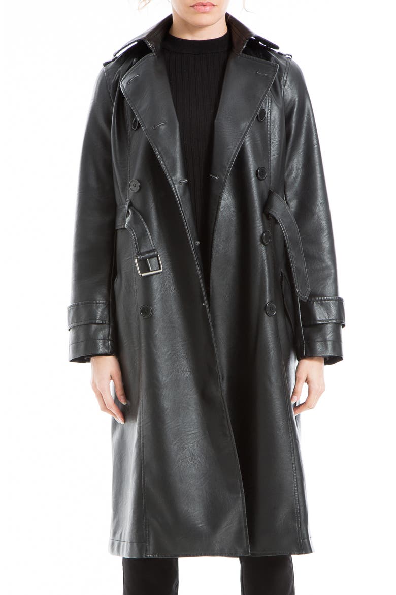 Faux Leather Long Trench Coat, Main, color, BLACK