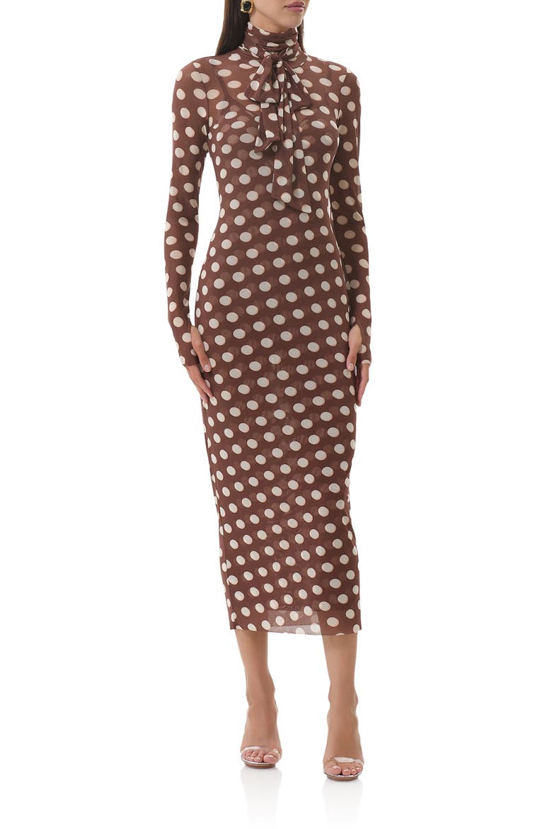 Bryony Long Sleeve Polka Dot Mesh Dress, Main, color, CHOCOLATE HALO DOT