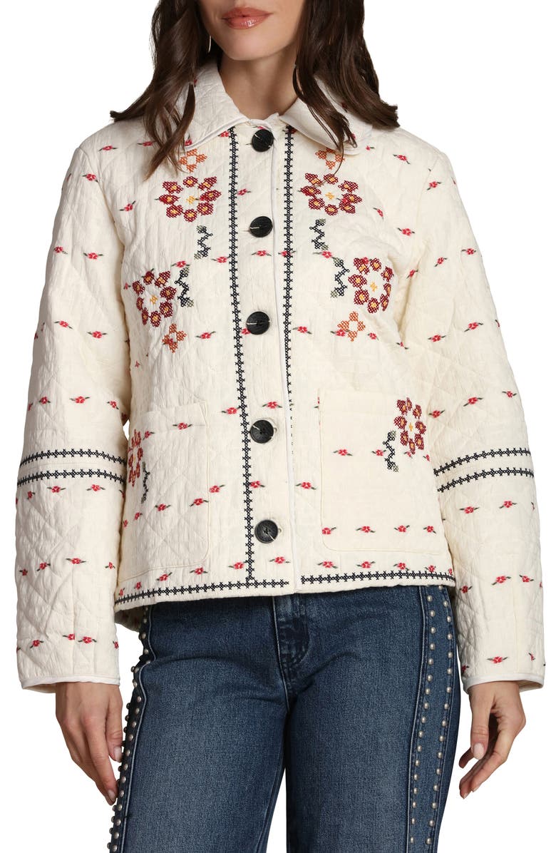 Avec Les Filles Embroidered Quilted Cotton Jacket, Main, color, Cream Floral