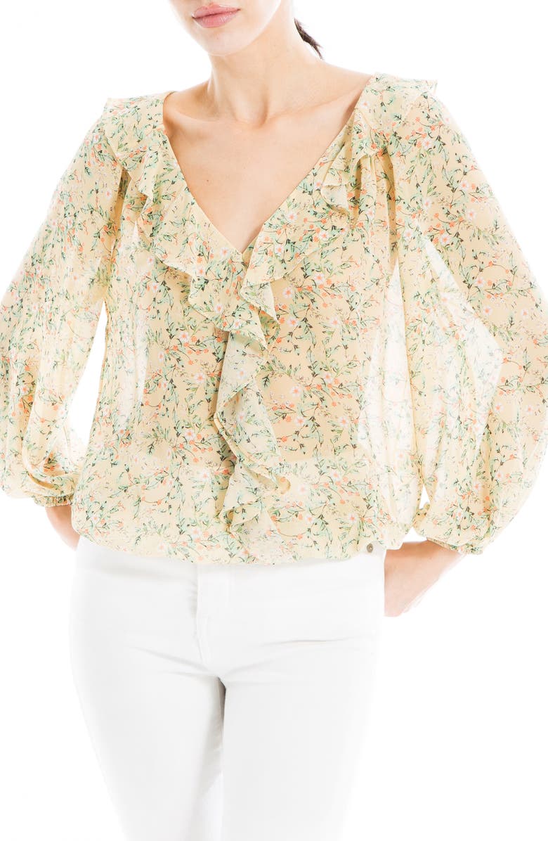 MAX STUDIO Print Ruffle Front Three-Quarter Sleeve Top, Main, color, Yellow Floral