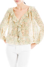 MAX STUDIO Print Ruffle Front Three-Quarter Sleeve Top