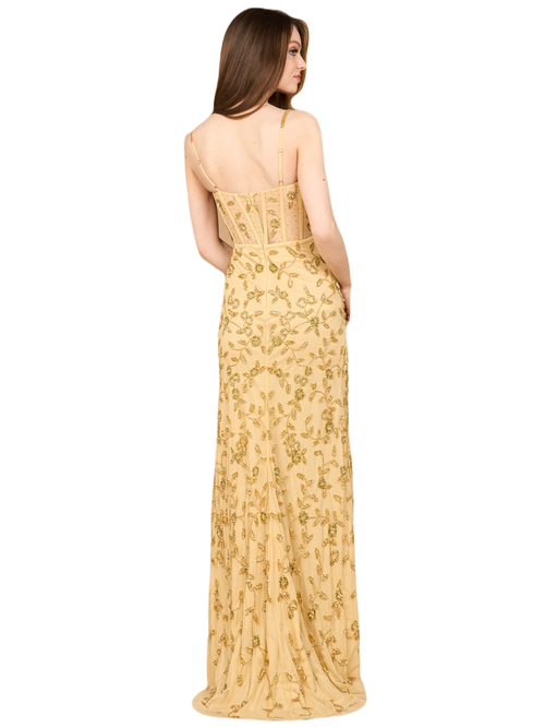 Lara New York Beaded Corset Gown With Slit In Gold