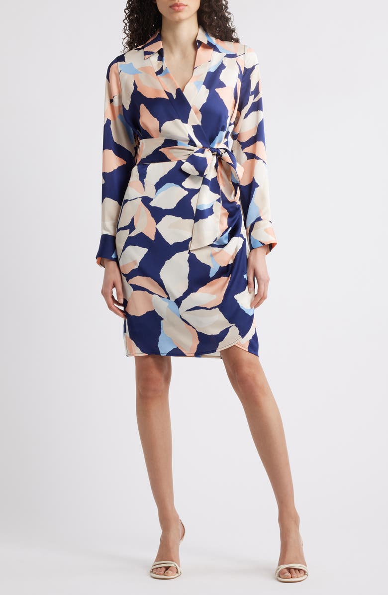 Tahari ASL Print Tie Waist Dress, Main, color, Navy Multi