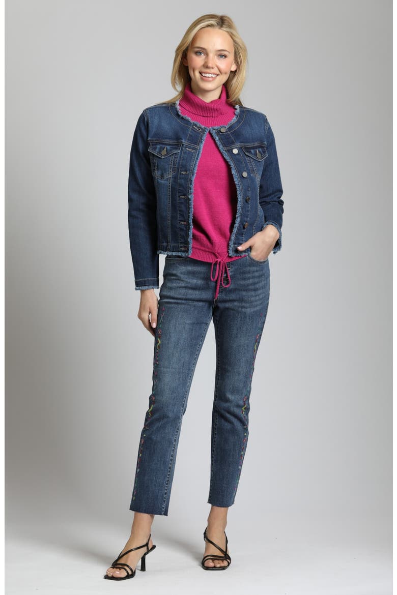 Frayed Collarless Denim Jacket, Alternate, color, INDIGO