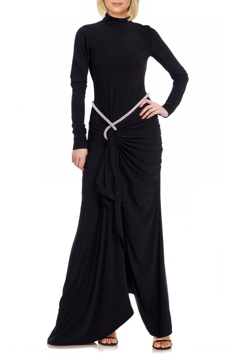 Jewel Badgley Mischka Mock Neck Long Sleeve Belted Dress, Alternate, color, Black