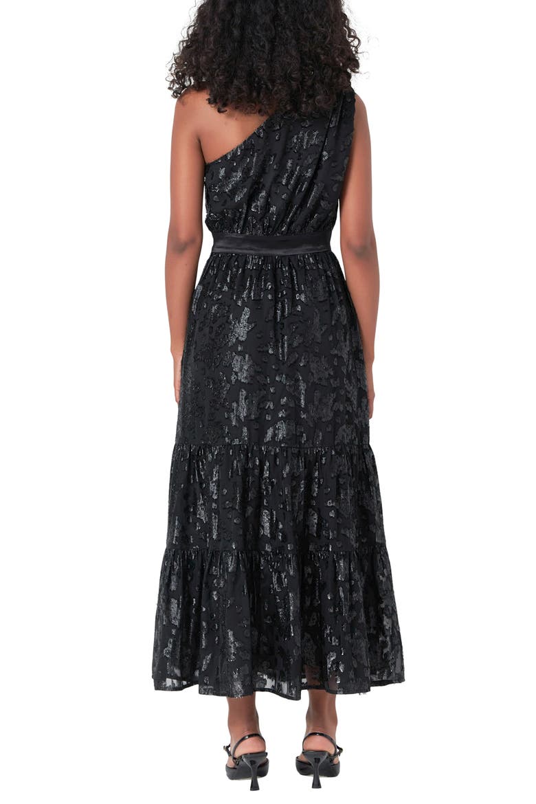 Metallic Floral One-Shoulder Chiffon Dress, Alternate, color, BLACK