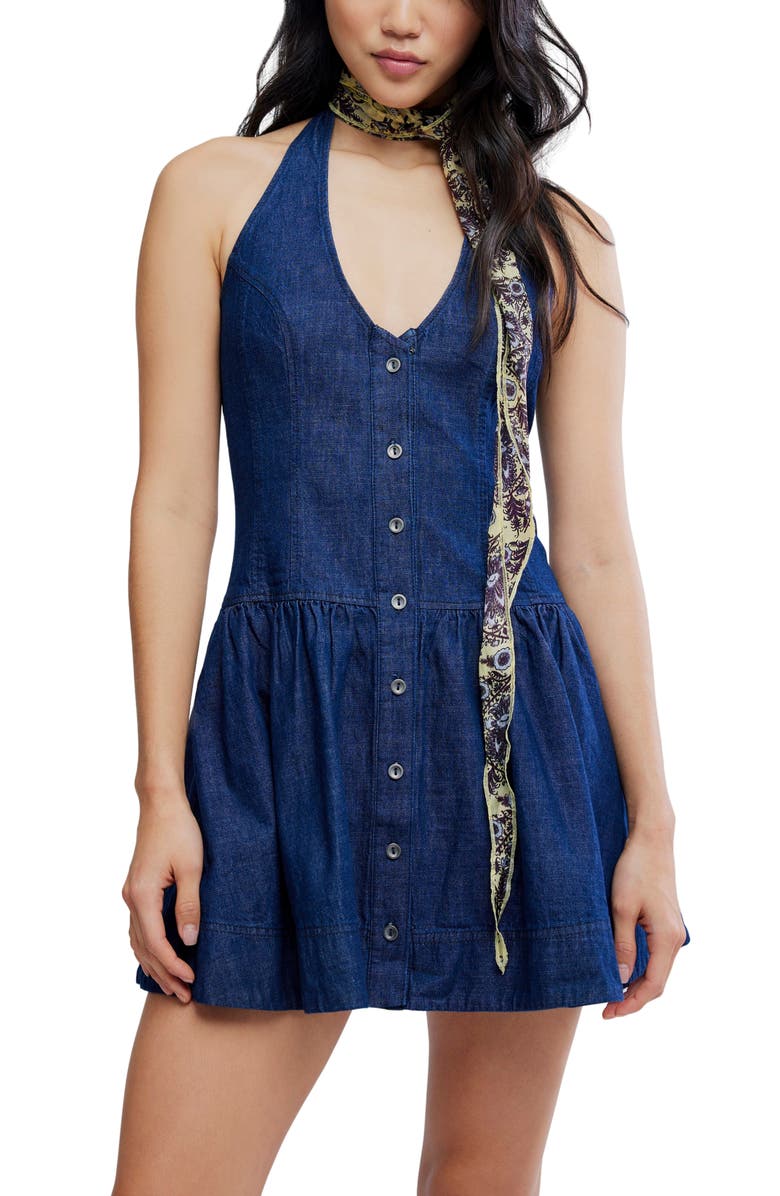 Free People Clean Break Denim Halter Minidress, Alternate, color, Night Wash