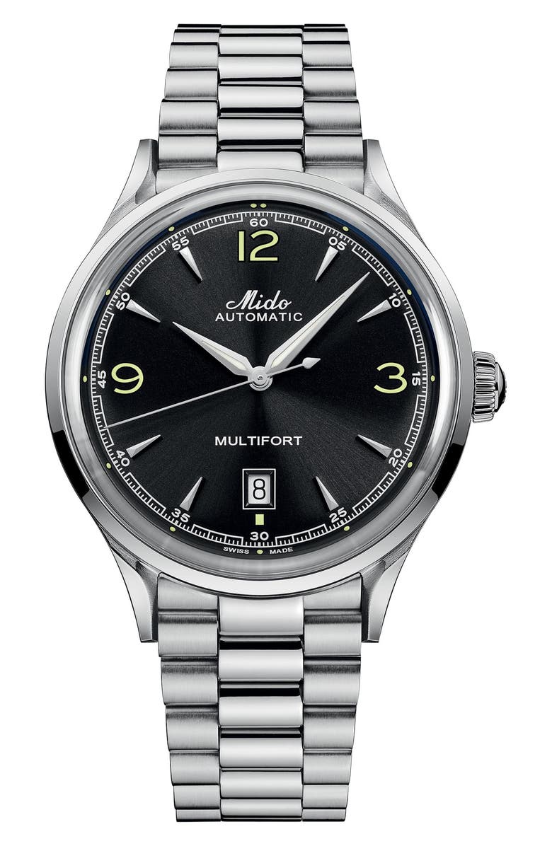 MIDO Multifort Powerwind Bracelet Watch, 40mm, Main, color, Black/ Stainless Steel