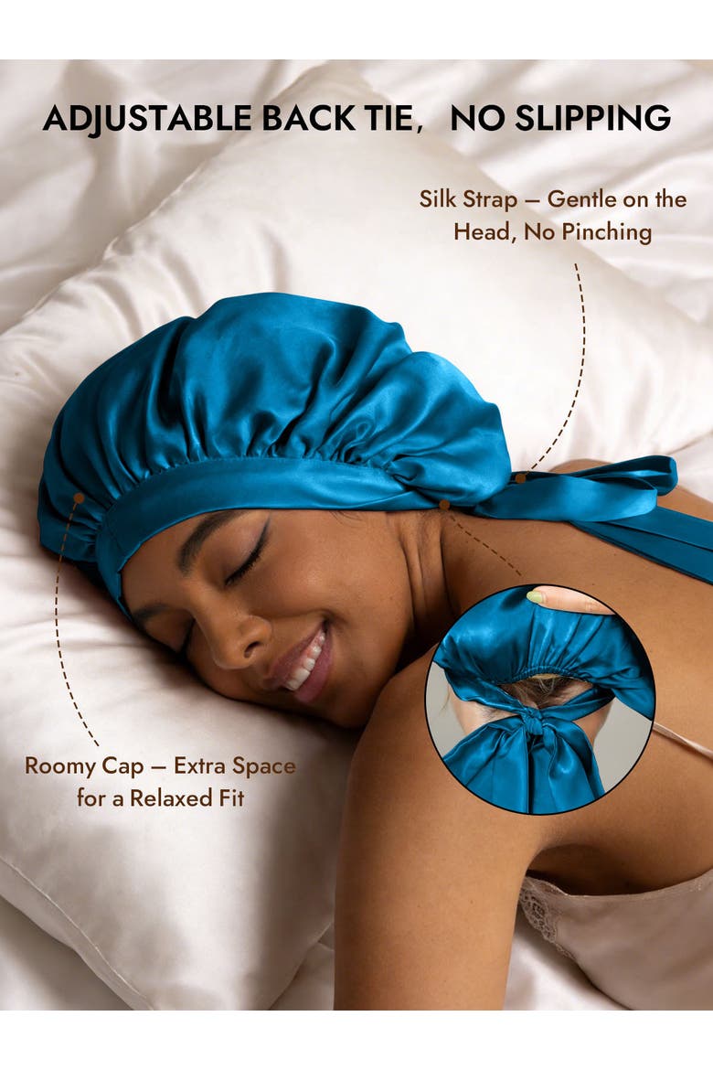 Women's Mulberry Silk Bonnet with Long Ribbons, Alternate, color, Teal