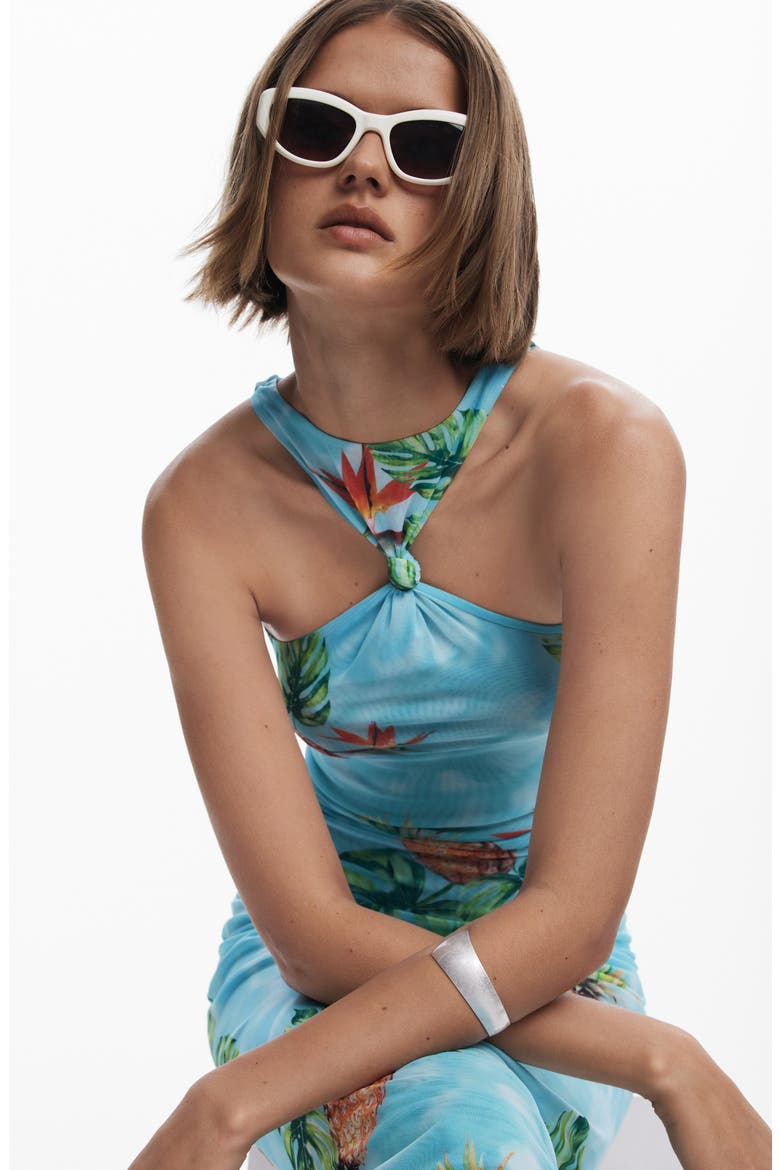 Tropical Print Knot Detail Midi Cover-Up Dress, Alternate, color, LIGHT TURQUOISE