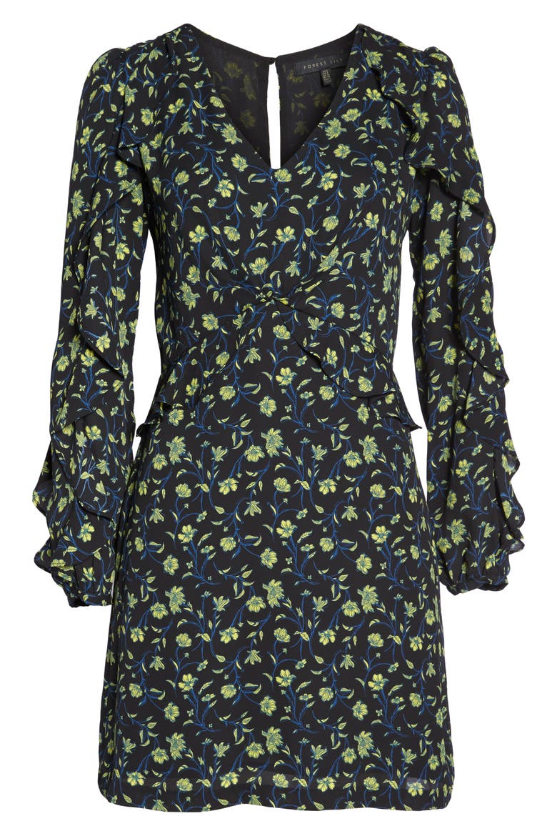 Floral Ruffle Sleeve Dress, Alternate, color, BLACK / BLUE / CHARTREUSE